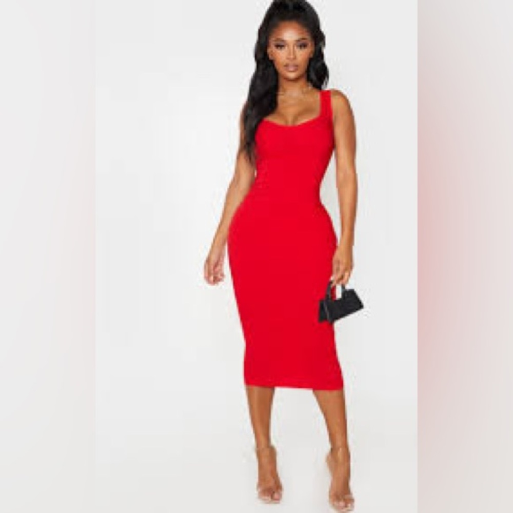 Fashion Nova Red Scoop Neck Midi Bodycon Dress